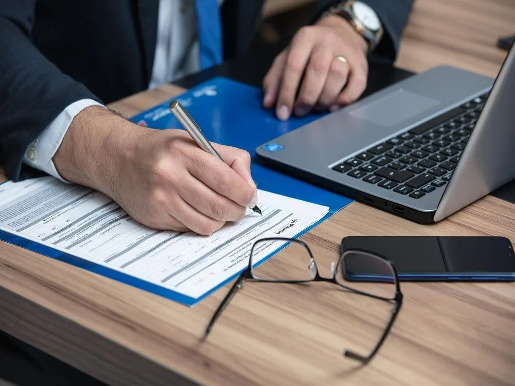 Hand mit Füller unterschreibt ein Dokument, daneben Brille und Notebook