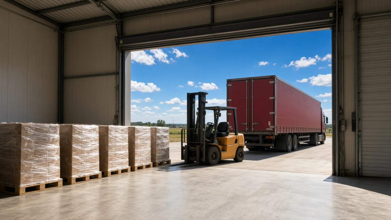 Laderampe einer Halle mit folierten Paletten, Gabelstapler und rotem Lkw-Auflieger
