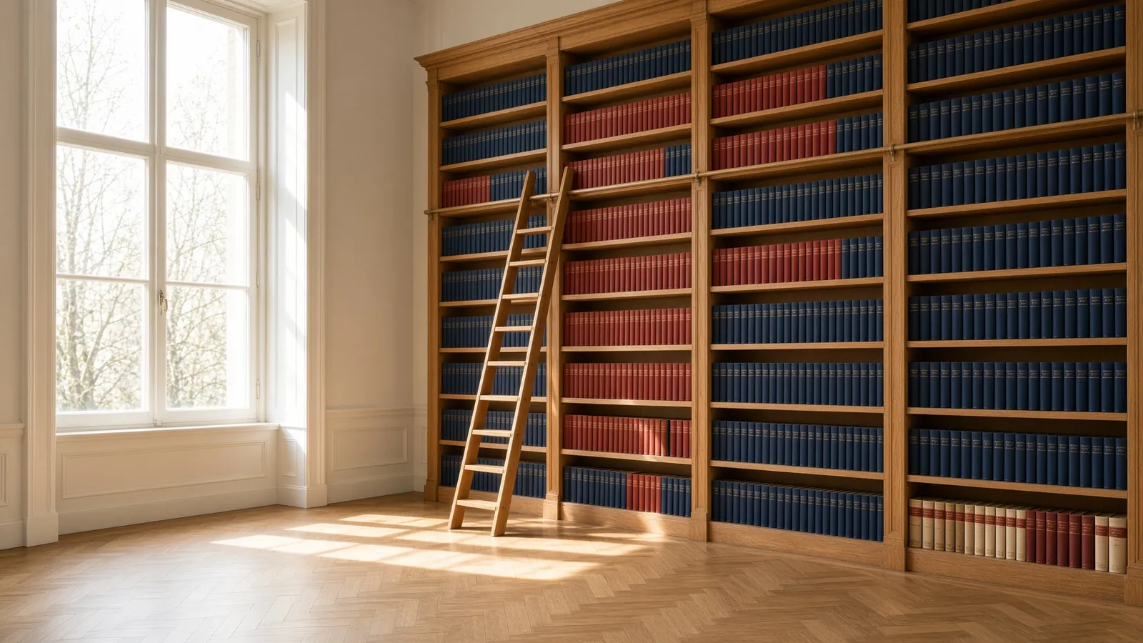 Hohes Eichenregal mit roten und blauen Buchbänden und einer Bibliotheksleiter im Morgenlicht