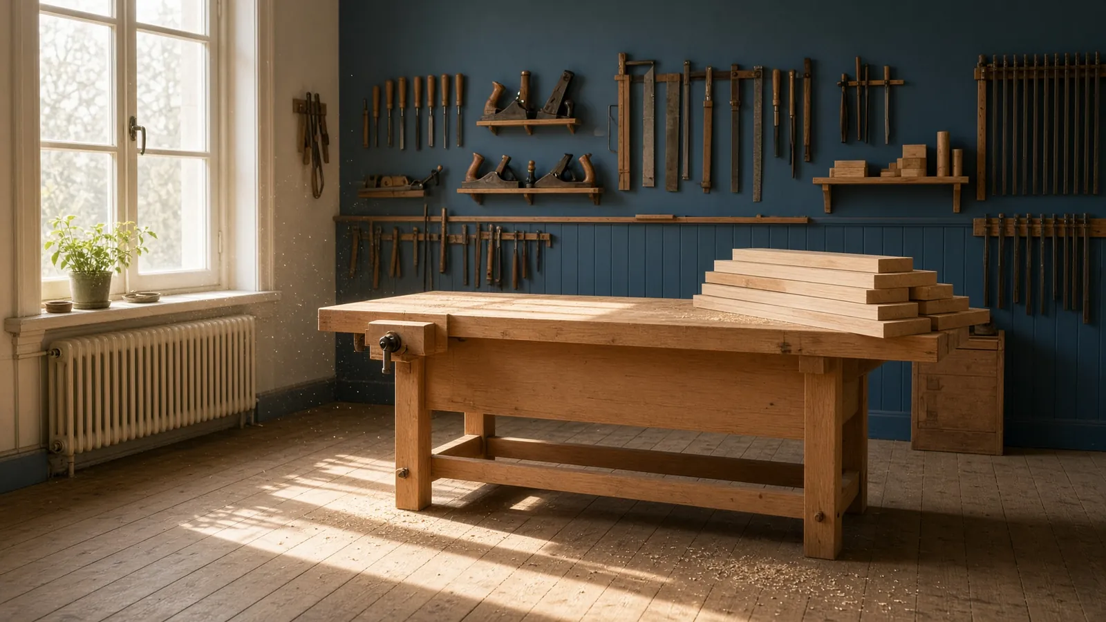 Helle Tischlerwerkstatt mit Hobelbank, Holzstapel und Werkzeugen an blauer Wand