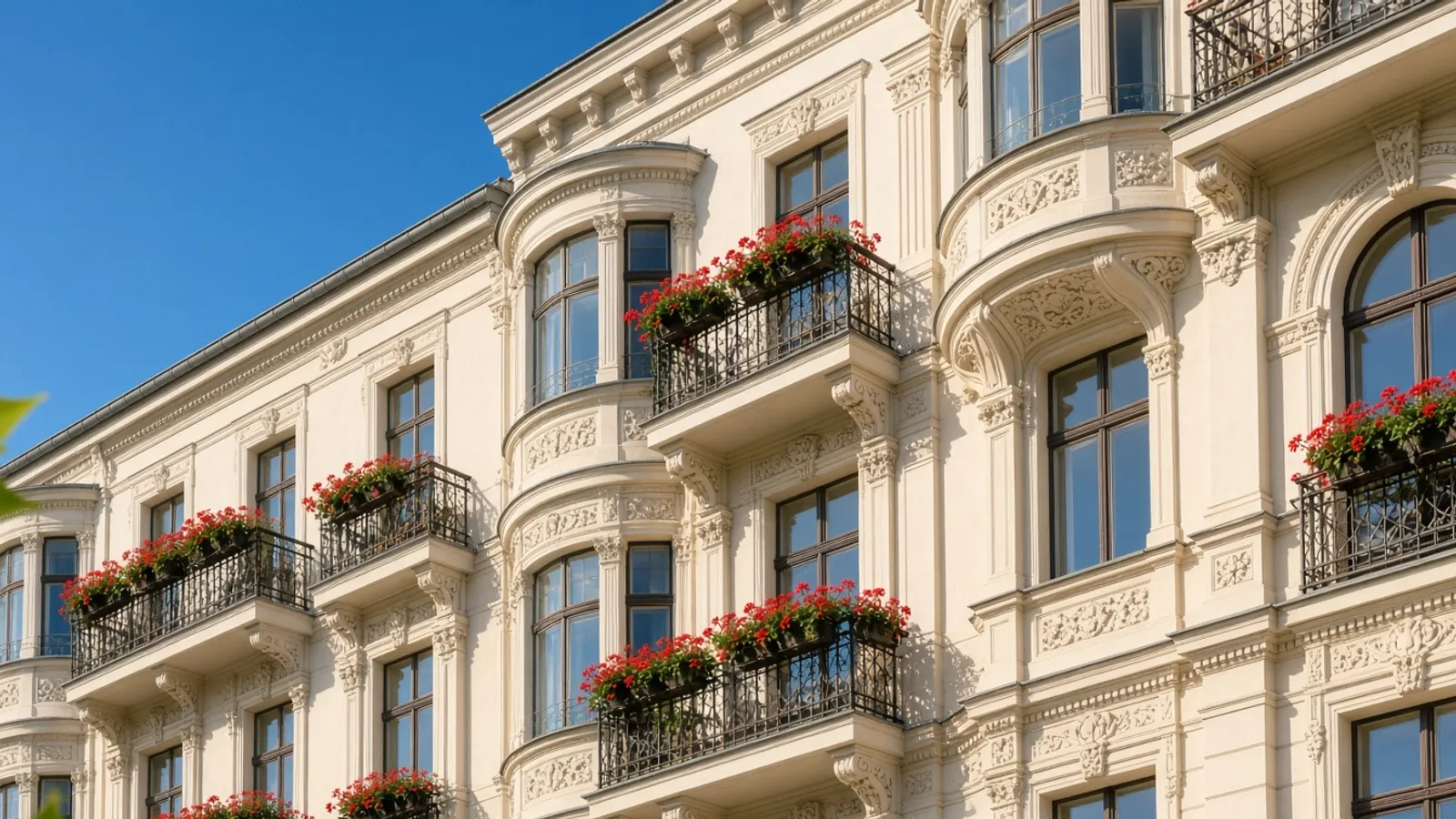 Altbaufassade mit Stuck, Erkern und Balkonen voller roter Geranien